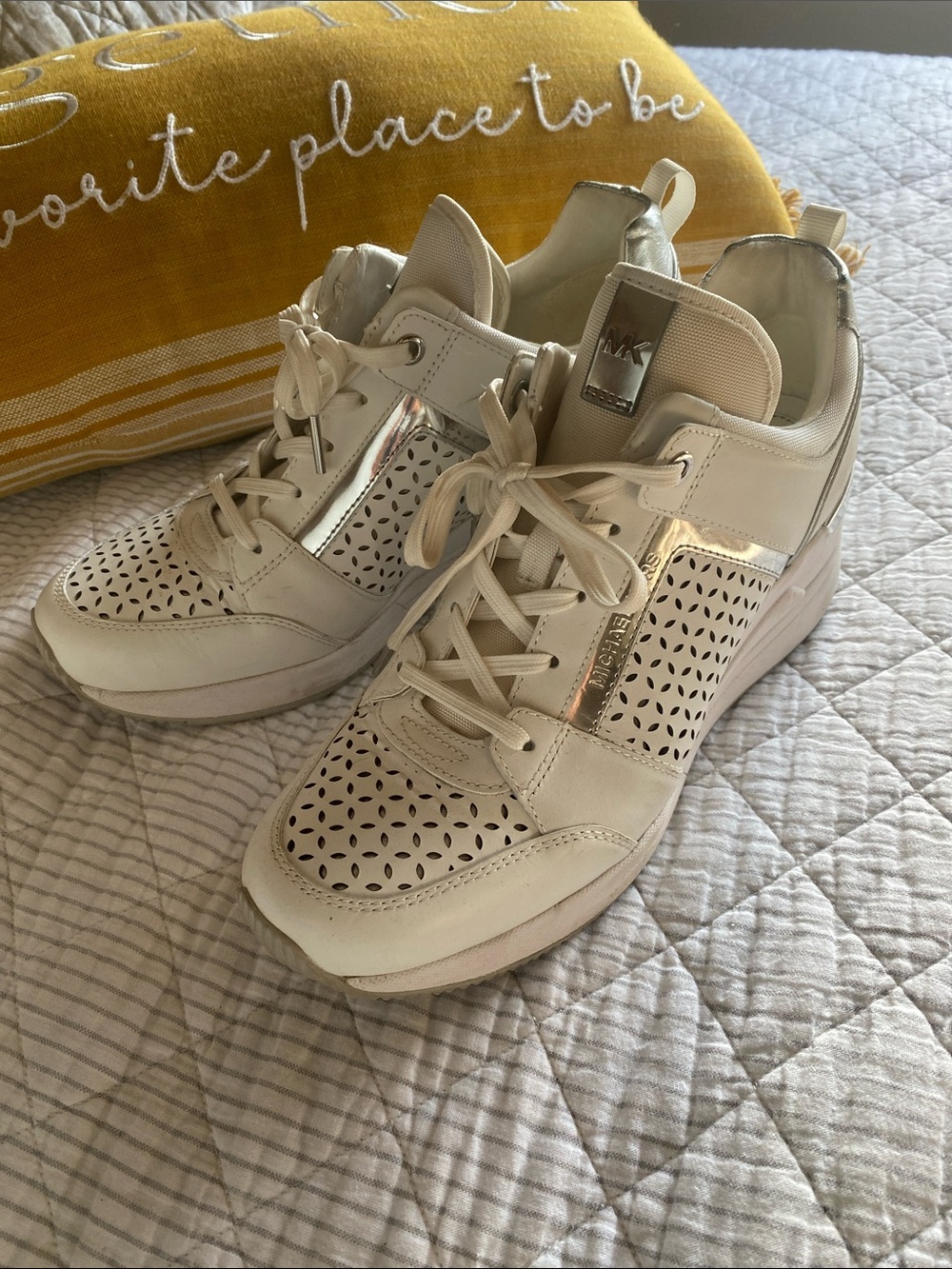 Michael Kors Cream White Leather Perforated Wedge Sneakers with Metallic Accents